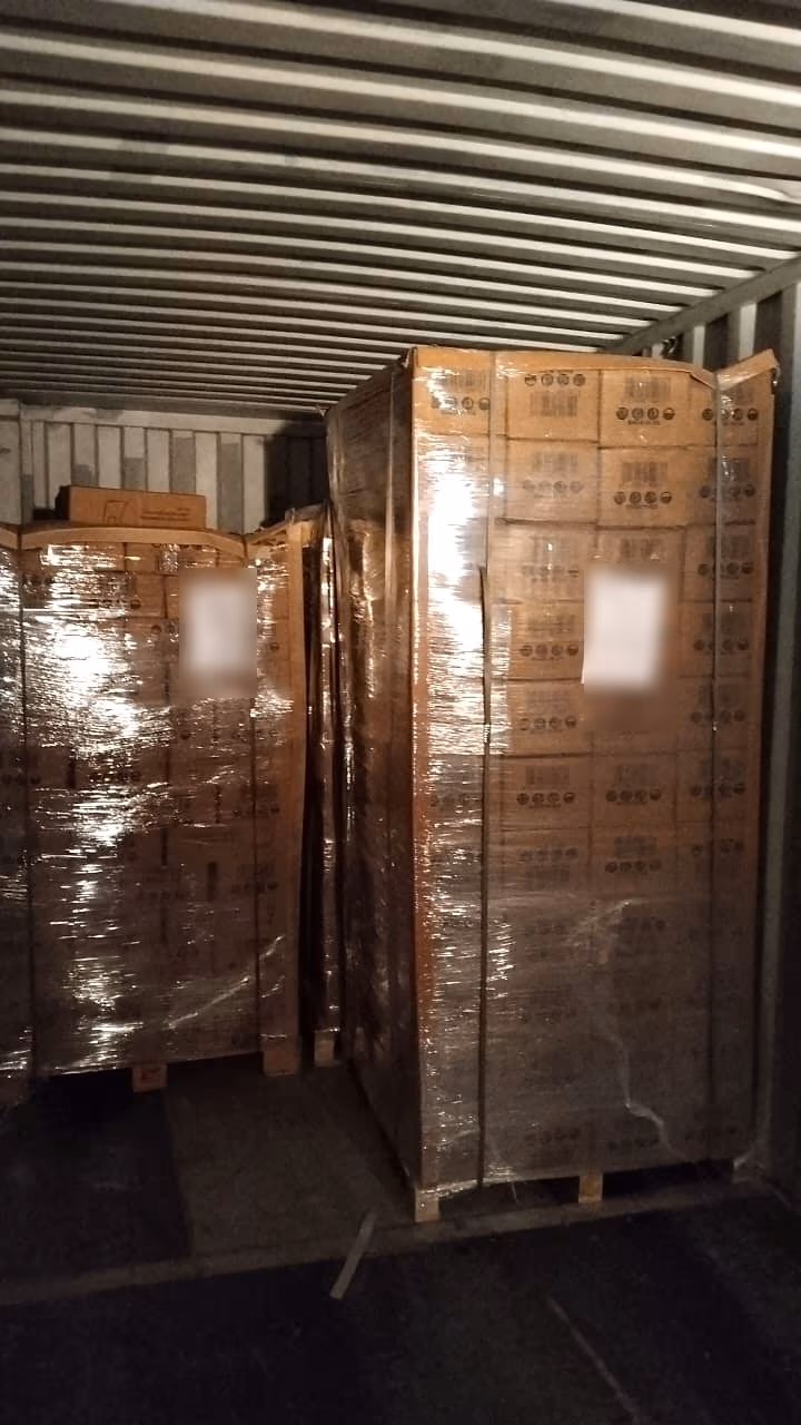 Multiple wrapped carton pallets positioned inside a shipping container